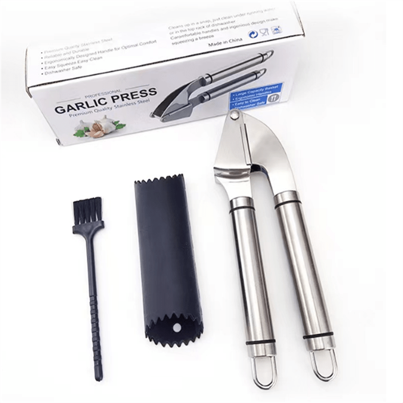 Stainless Steel Garlic Press Set with Peeler Brush