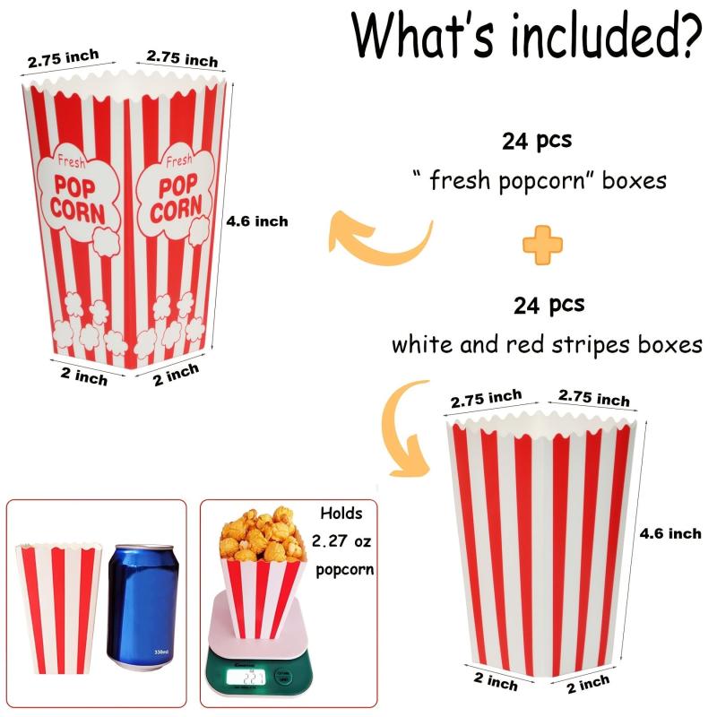 48 Mini Popcorn Boxes Movie Night Candy Snack Bags Containers Retro Red&White