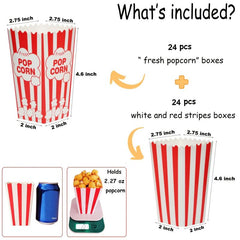 48 Mini Popcorn Boxes Movie Night Candy Snack Bags Containers Retro Red&White