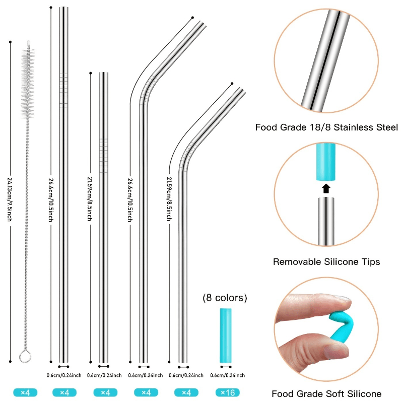 16pcs Stainless Steel Straws W/ Travel Case Cleaning Brush Silicone Tips