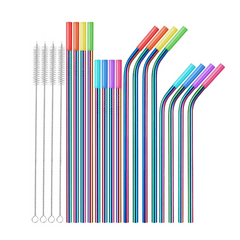16pcs Stainless Steel Straws W/ Travel Case Cleaning Brush Silicone Tips