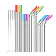 16pcs Stainless Steel Straws W/ Travel Case Cleaning Brush Silicone Tips