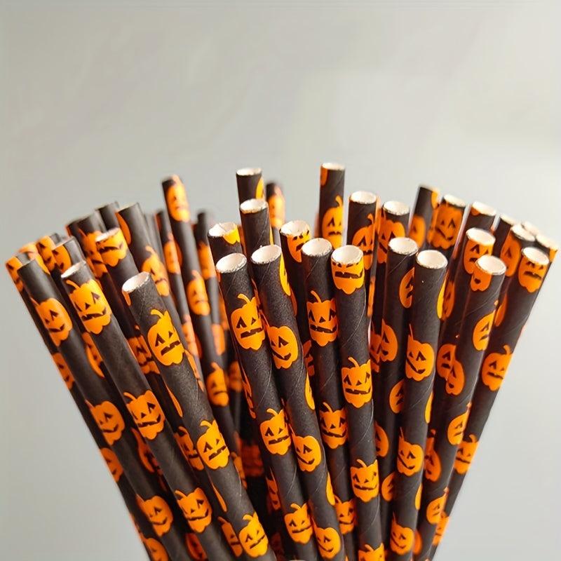 25pcs Halloween Paper Straws Pumpkin Bat Spider Web Pattern Orange Biodegradable