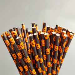 25pcs Halloween Paper Straws Pumpkin Bat Spider Web Pattern Orange Biodegradable