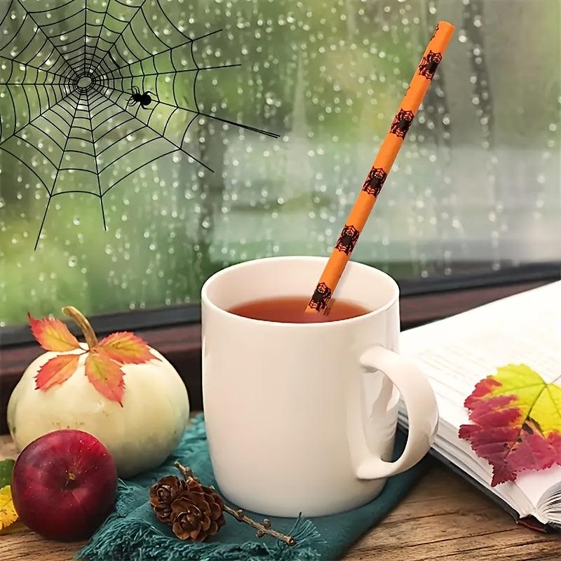 25pcs Halloween Paper Straws Pumpkin Bat Spider Web Pattern Orange Biodegradable