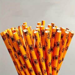 25pcs Halloween Paper Straws Pumpkin Bat Spider Web Pattern Orange Biodegradable