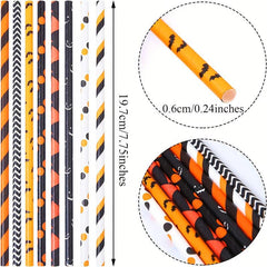 25pcs Halloween Paper Straws Pumpkin Bat Spider Web Pattern Orange Biodegradable