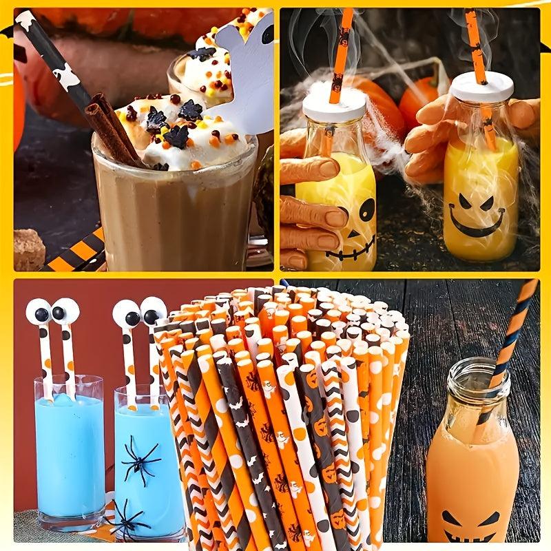 25pcs Halloween Paper Straws Pumpkin Bat Spider Web Pattern Orange Biodegradable