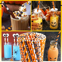 25pcs Halloween Paper Straws Pumpkin Bat Spider Web Pattern Orange Biodegradable