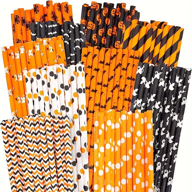 25pcs Halloween Paper Straws Pumpkin Bat Spider Web Pattern Orange Biodegradable