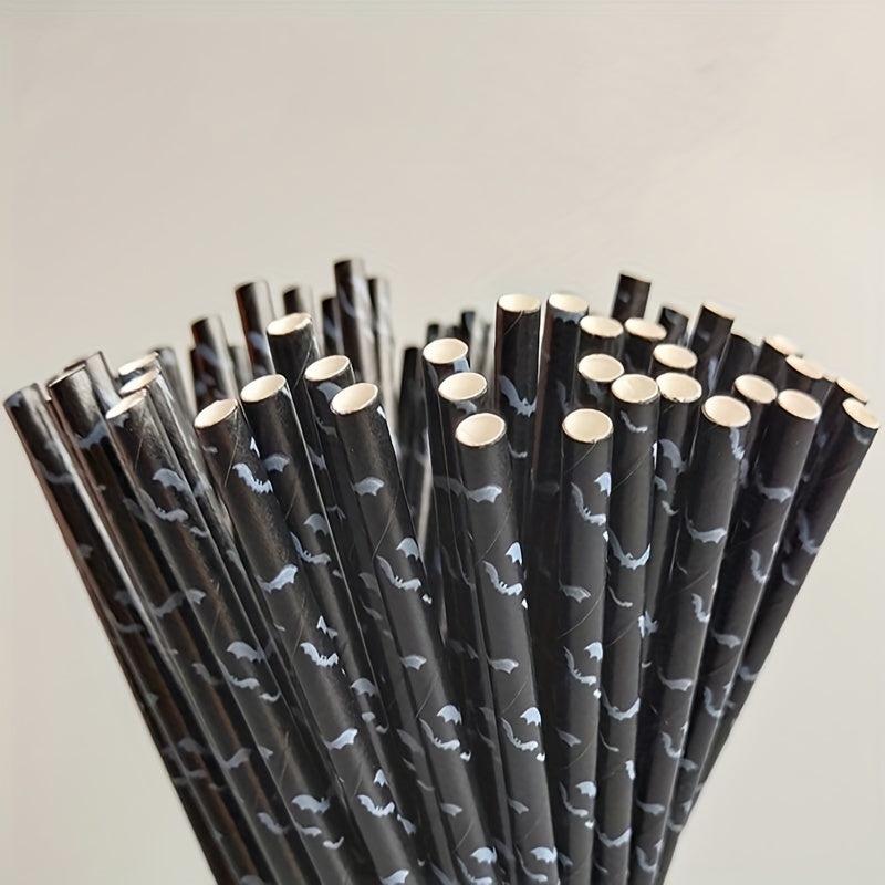 25pcs Halloween Paper Straws Pumpkin Bat Spider Web Pattern Orange Biodegradable