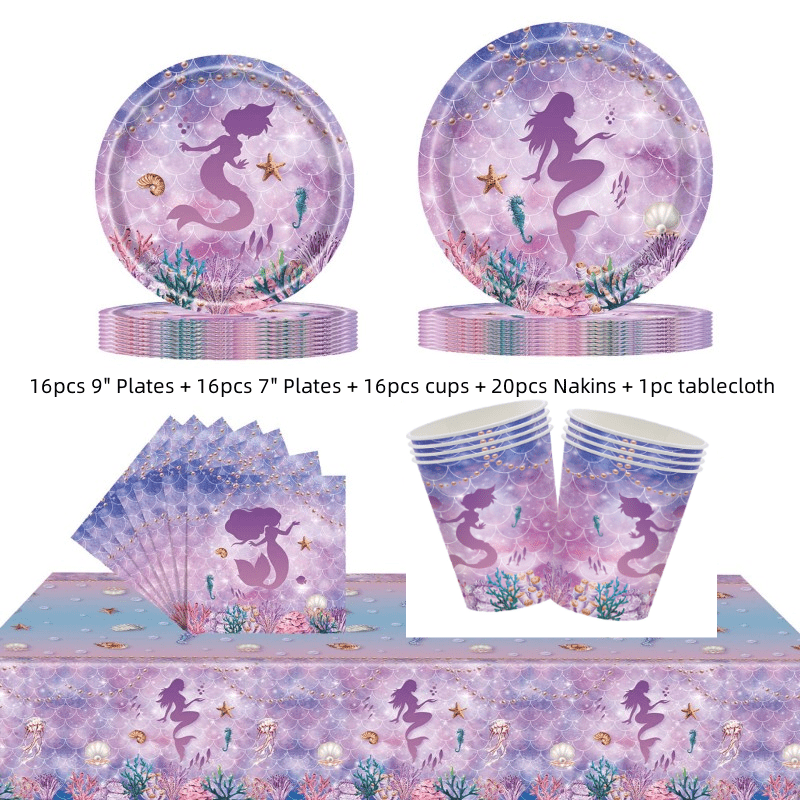 69Pcs Mermaid Disposable Tableware for Girls Birthday Party Decoration