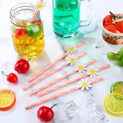 50pcs Daisy Flower Straws Disposable Paper Straws Summer Drinkware
