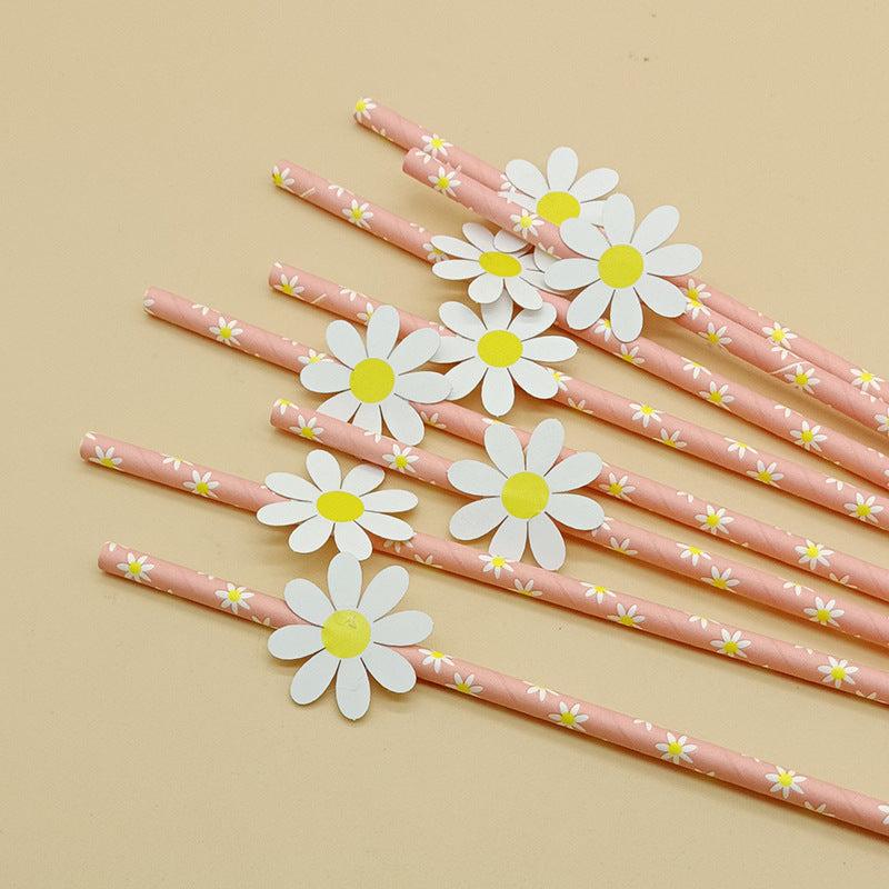 50pcs Daisy Flower Straws Disposable Paper Straws Summer Drinkware