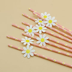 50pcs Daisy Flower Straws Disposable Paper Straws Summer Drinkware