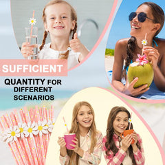 50pcs Daisy Flower Straws Disposable Paper Straws Summer Drinkware