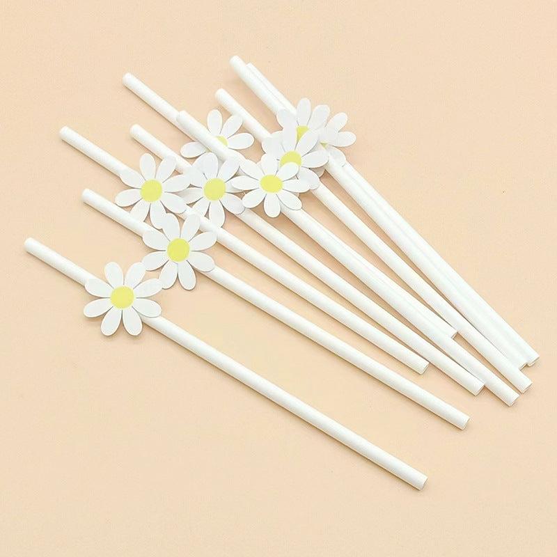 50pcs Daisy Flower Straws Disposable Paper Straws Summer Drinkware