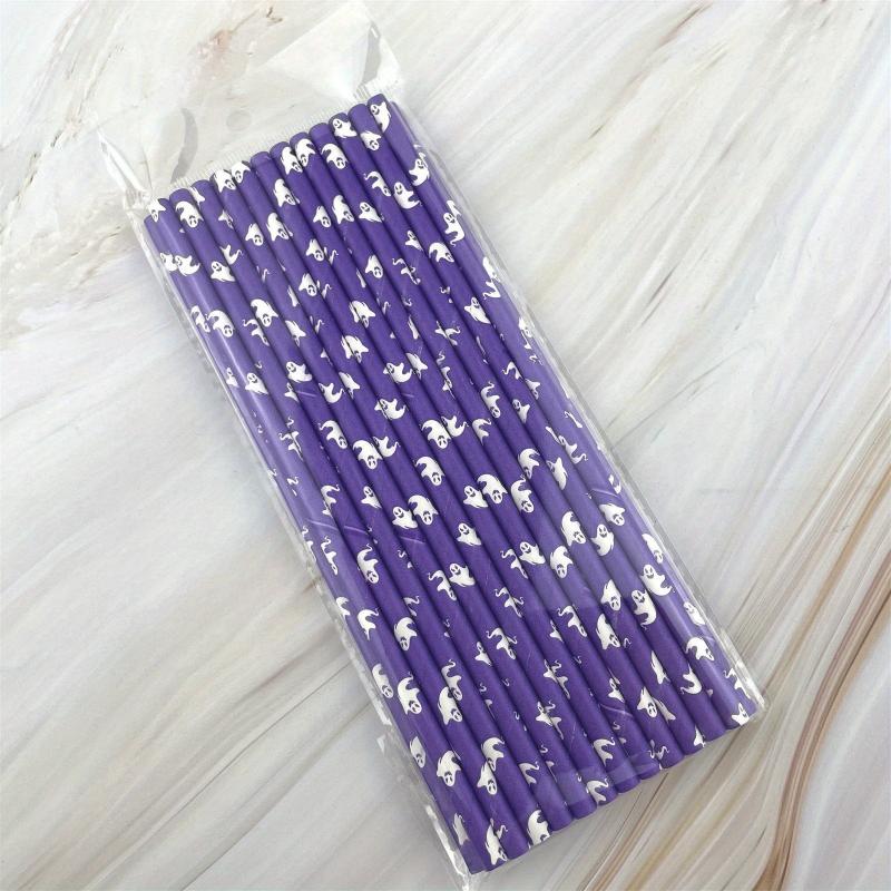 25pcs Halloween Paper Straws Pumpkin Bat Spider Web Pattern Straws
