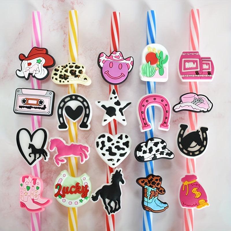 20PCS Cowgirl Straw Toppers Pink Cow Girl Party Decorations