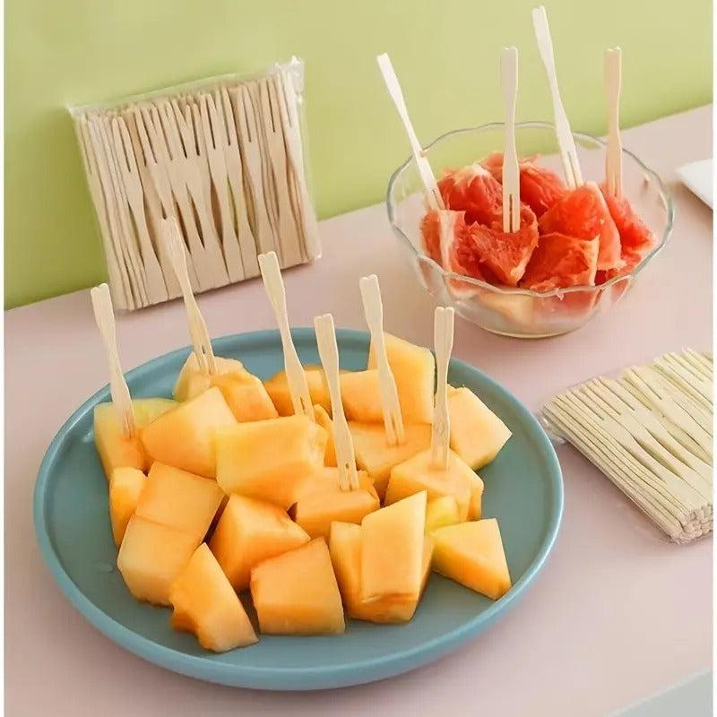 100pcs Disposable Fruit Fork Set Dessert Fork Heart Gourd Bamboo Flat Wood