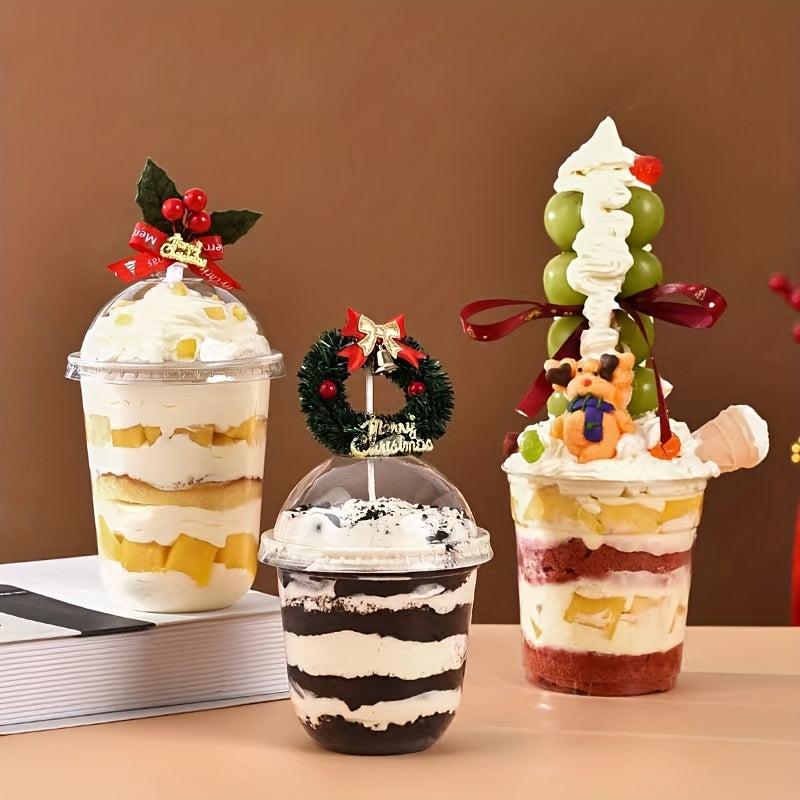 50 Disposable Plastic Cups & Lids for Drinks & Desserts Christmas Party