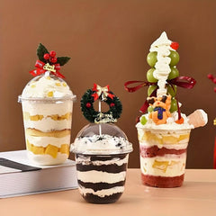 50 Disposable Plastic Cups & Lids for Drinks & Desserts Christmas Party