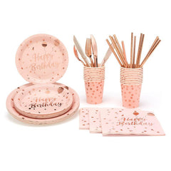 25pcs Pink & Rose Gold Birthday Party Tableware Set