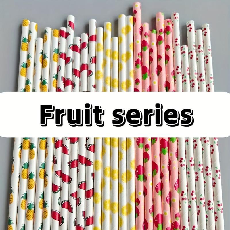 25pcs Biodegradable Paper Straws Fruits Pattern Summer