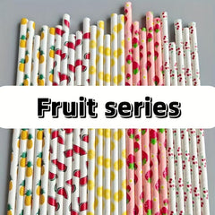 25pcs Biodegradable Paper Straws Fruits Pattern Summer