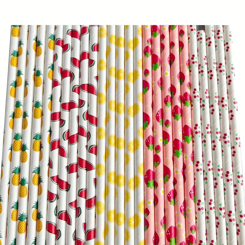 25pcs Biodegradable Paper Straws Fruits Pattern Summer