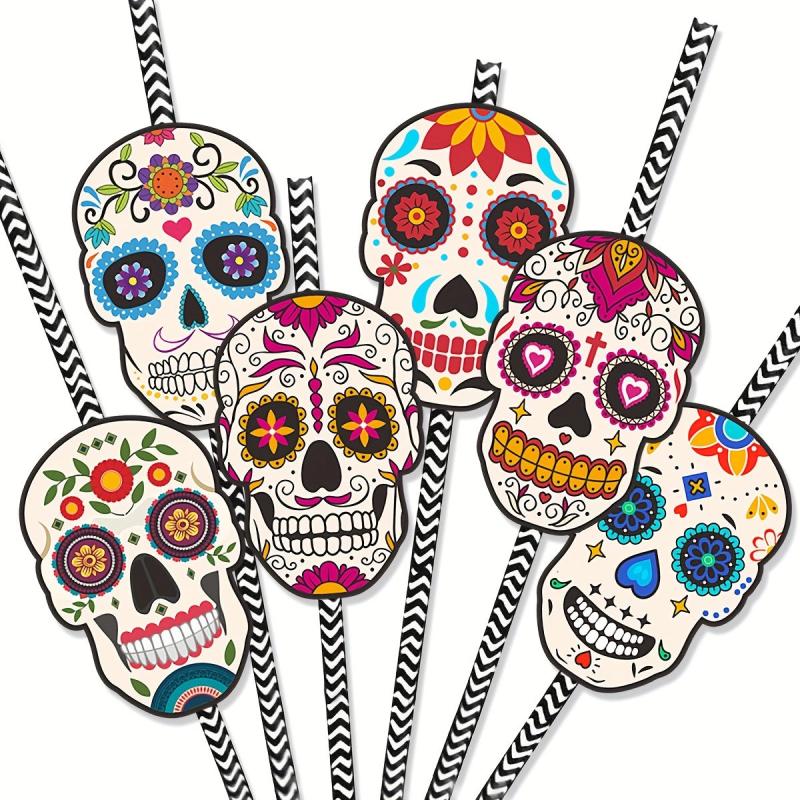 12pcs Day of the Dead Skull Biodegradable Paper Straws