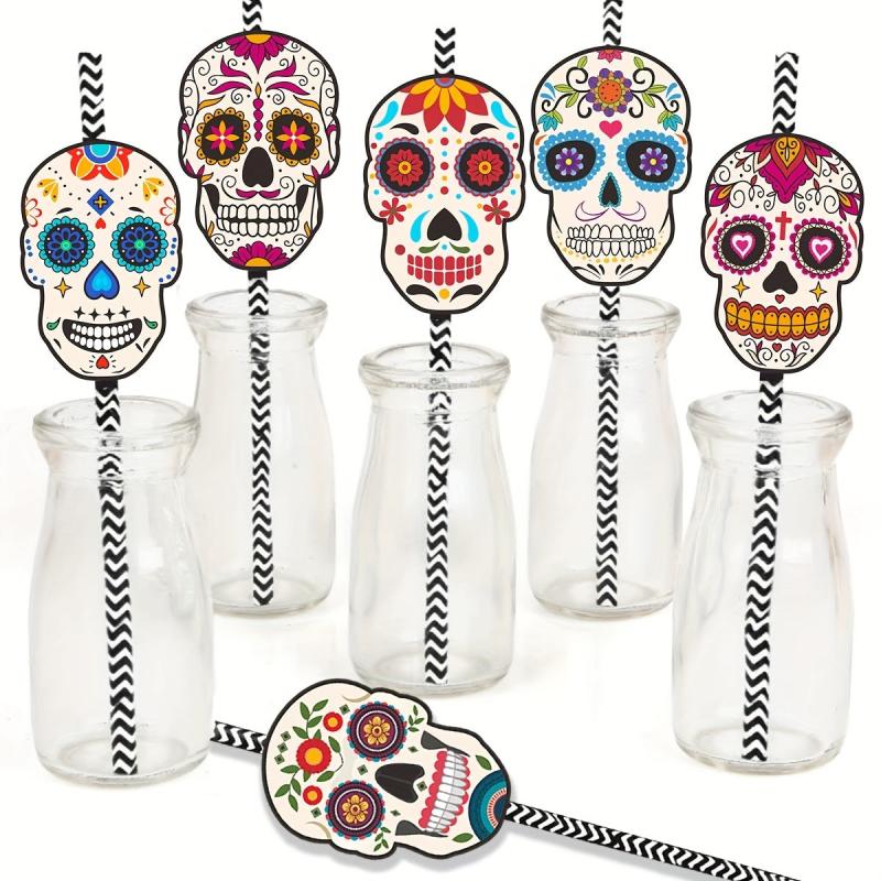 12pcs Day of the Dead Skull Biodegradable Paper Straws