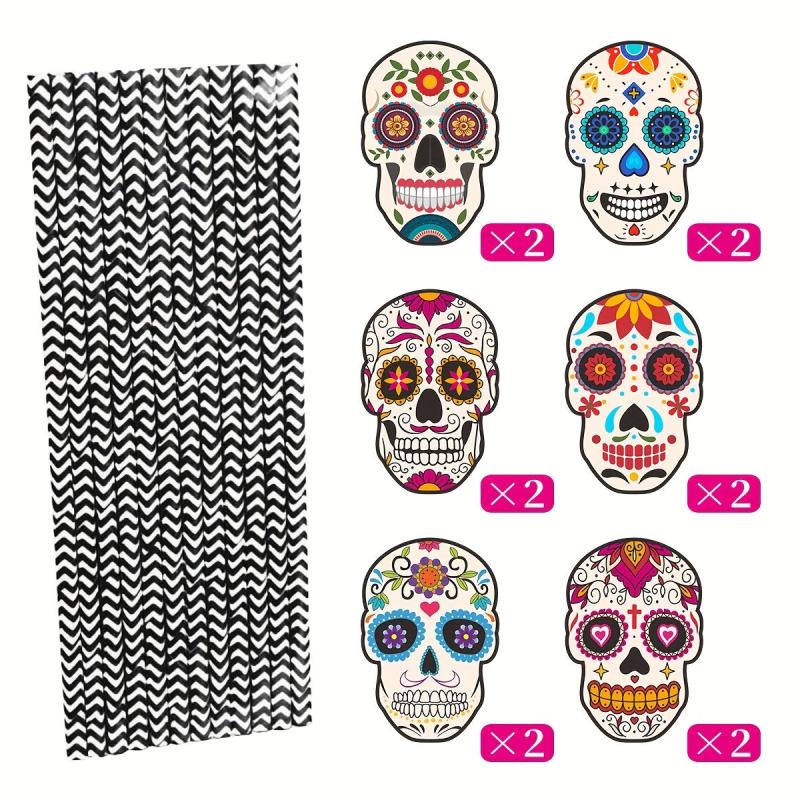 12pcs Day of the Dead Skull Biodegradable Paper Straws