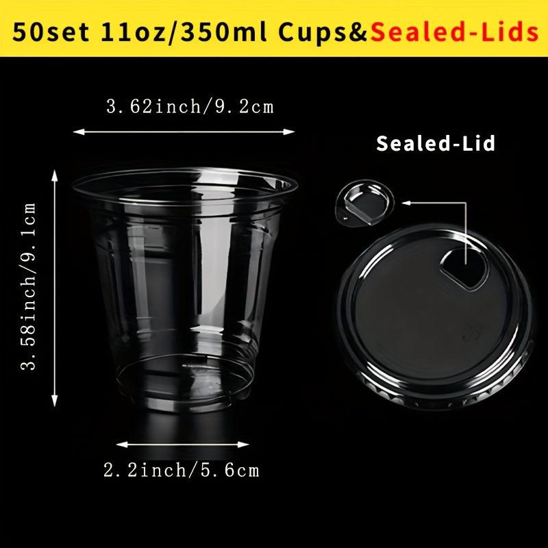 50pcs 9-12oz Clear Disposable Cups with Lids - Cold Drinks, Smoothies