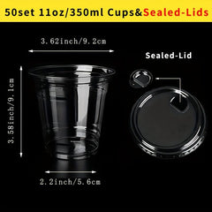 50pcs 9-12oz Clear Disposable Cups with Lids - Cold Drinks, Smoothies