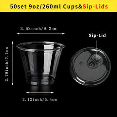 50pcs 9-12oz Clear Disposable Cups with Lids - Cold Drinks, Smoothies