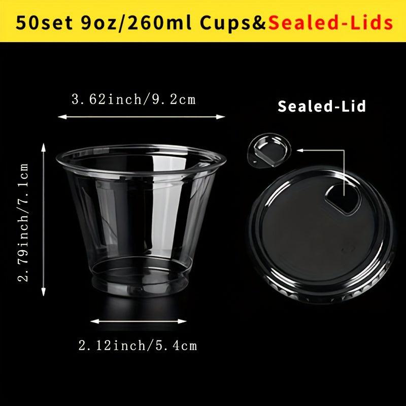 50pcs 9-12oz Clear Disposable Cups with Lids - Cold Drinks, Smoothies