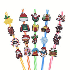 20PCS Christmas Straw Toppers Santa Claus Tree Charms Merry Christmas Accessorie