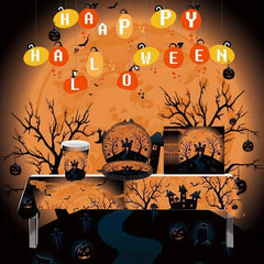 Halloween Party Tableware Set: Cups, Straws, Plates, Utensil