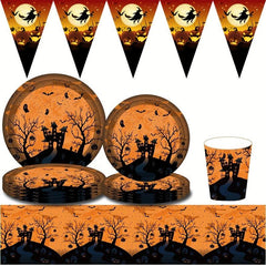 Halloween Party Tableware Set: Cups, Straws, Plates, Utensil