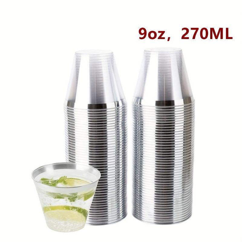 50PCS 9oz Plastic Cups Clear - Disposable Cups with Silvery Rim