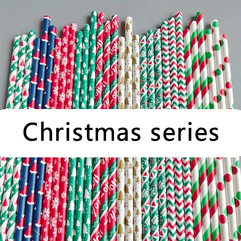 25pcs Christmas Paper Straws Stripe Snowflake Disposable Drinking Straw