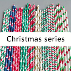 25pcs Christmas Paper Straws Stripe Snowflake Disposable Drinking Straw
