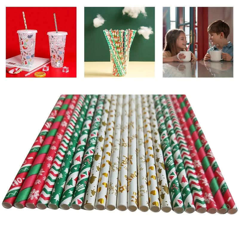 25pcs Christmas Paper Straws Stripe Snowflake Disposable Drinking Straw