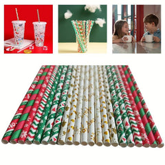 25pcs Christmas Paper Straws Stripe Snowflake Disposable Drinking Straw