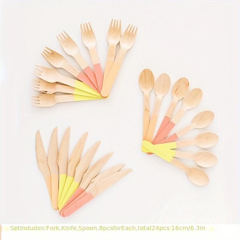 8pcs Disposable Cutlery Set Birch Wooden Fork Spoon Boxed Western Food