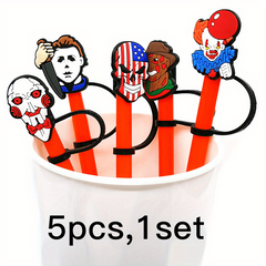 5pcs Reusable Straw Caps Clown Skull Design for Drinks Fun Kitchen Accessories