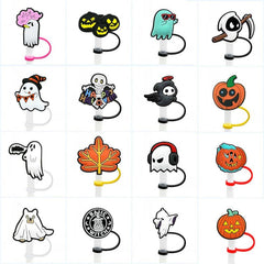 16pcs Halloween Straw Tips Cover Pumpkin Skeleton Ghost Straw Silicone Stopper