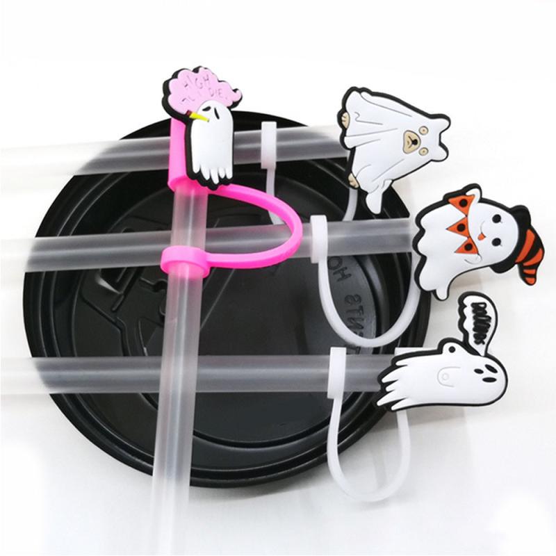 16pcs Halloween Straw Tips Cover Pumpkin Skeleton Ghost Straw Silicone Stopper