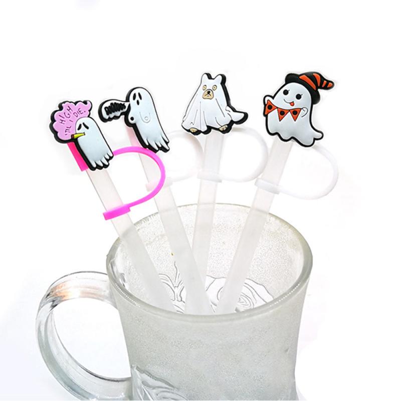 16pcs Halloween Straw Tips Cover Pumpkin Skeleton Ghost Straw Silicone Stopper